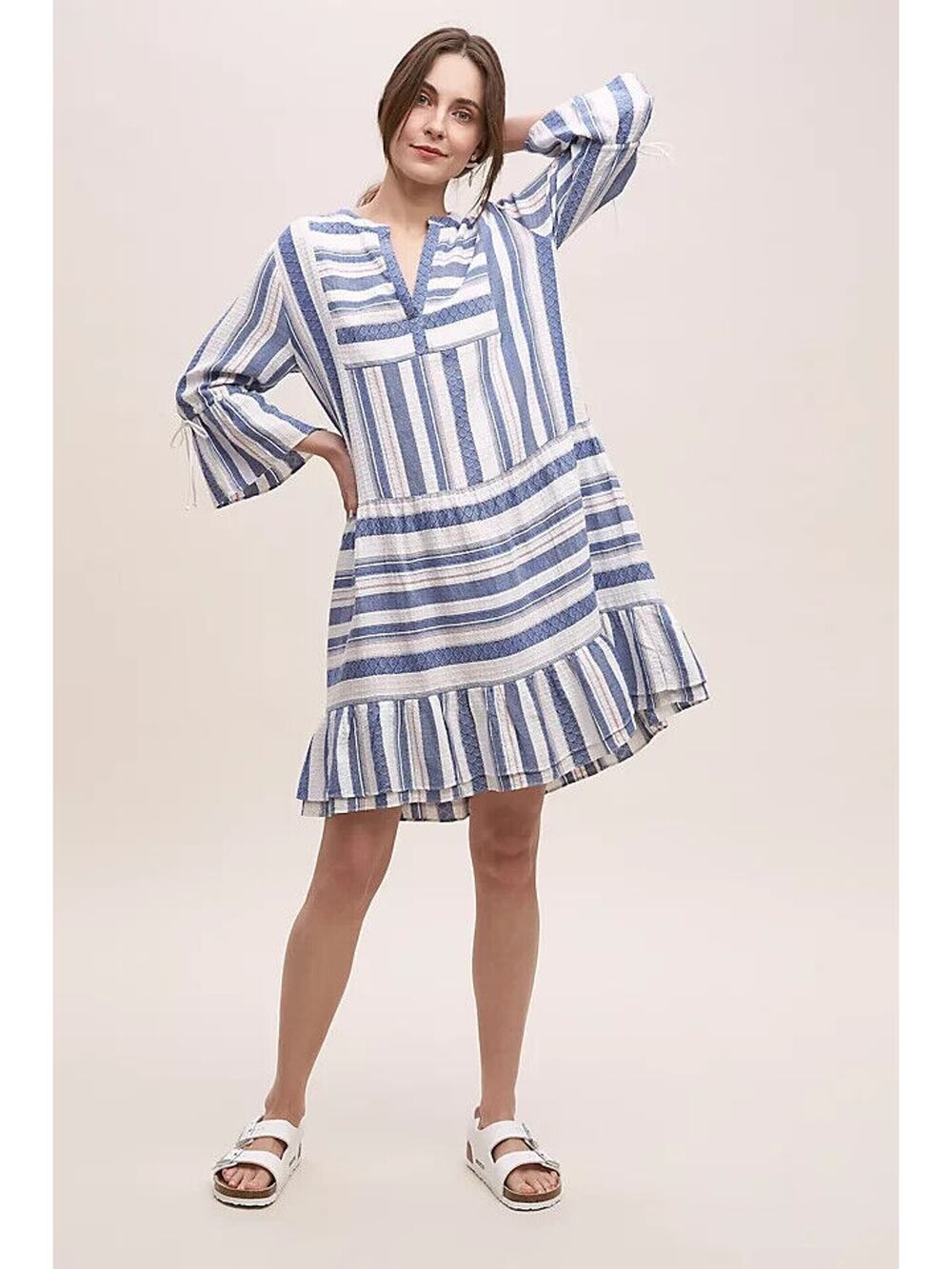 Moliin Copenhagen Thali Striped Dress Viscose Tiered V Neck Blue White Medium